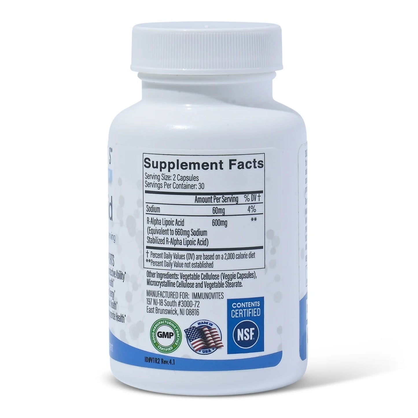 IMMUNOVITES Stabilized R-Alpha Lipoic Acid ((True)) 600mg per Serving [[High Potency & up to 40x Increased Absorption]] (Na R-ALA) (Na R-LA) (Na R-Lipoate) (1 Bottle)